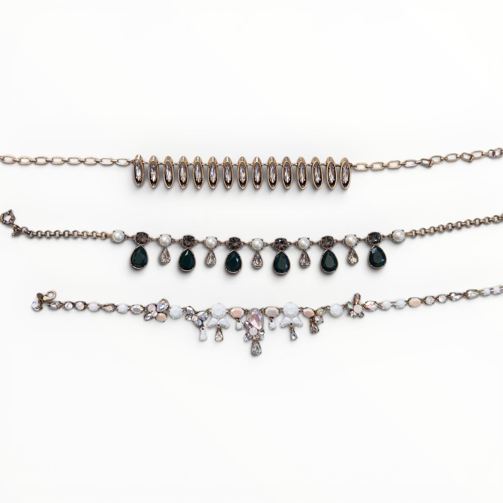 J.Crew Fashion Necklace Lot of 3 Green Pearl Iridescent Crystal Statement Gold